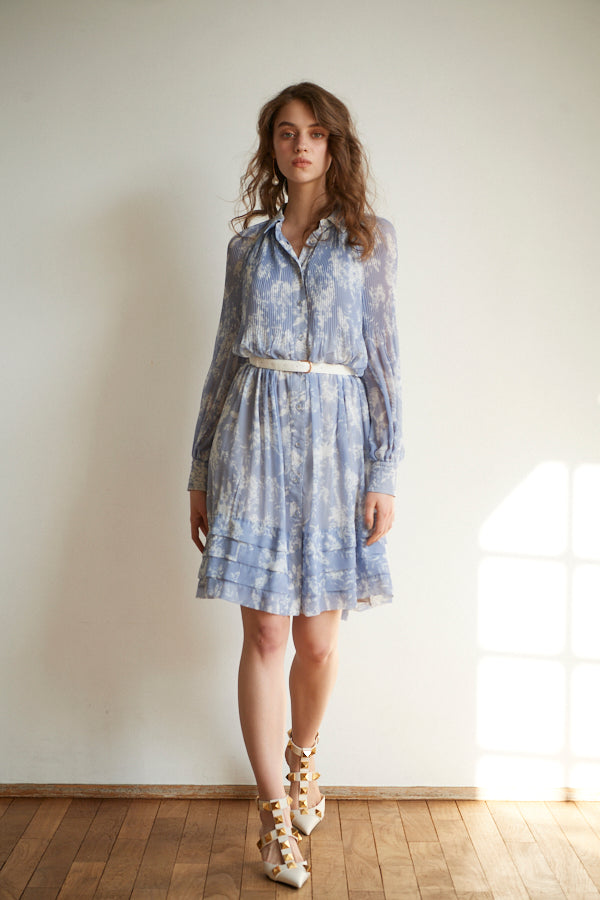 Merida Floral Belted Dress <br>  -SAX x WHT pt -