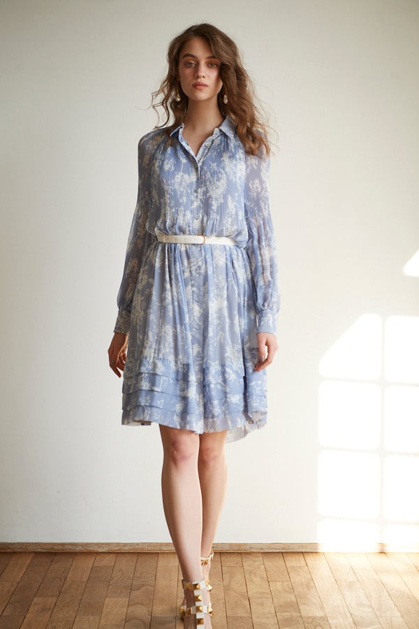 Merida Floral Belted Dress <br>  -SAX x WHT pt -