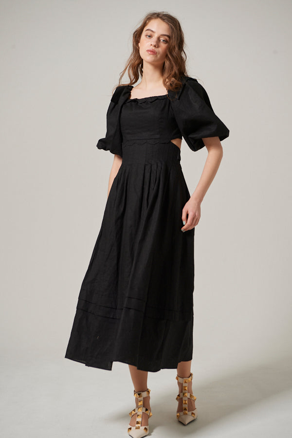 Sweetheart Linen Long Dress<br> -BLK-