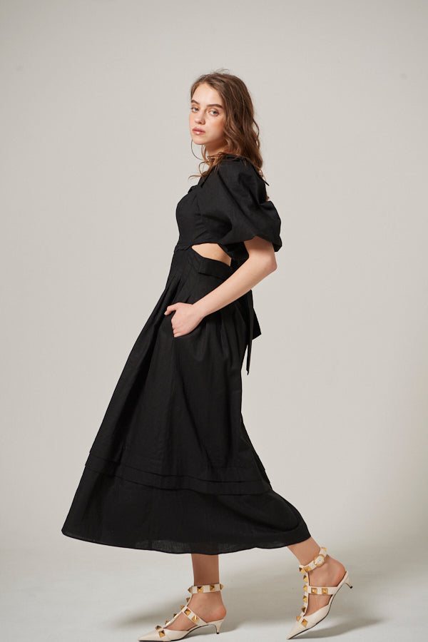 Sweetheart Linen Long Dress<br> -BLK-