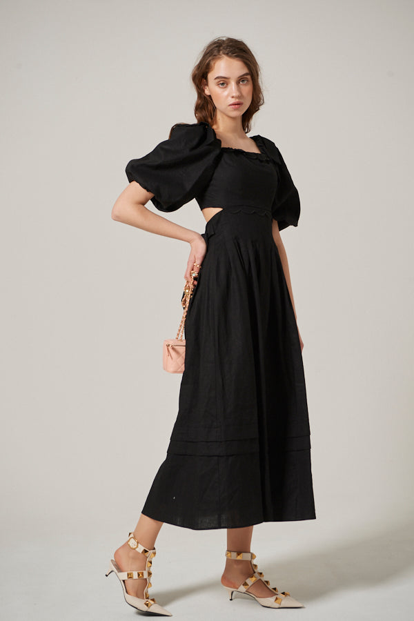 Sweetheart Linen Long Dress<br> -BLK-