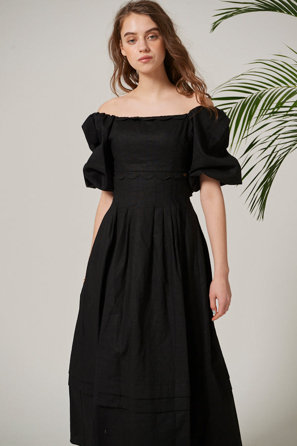 Sweetheart Linen Long Dress<br> -BLK-