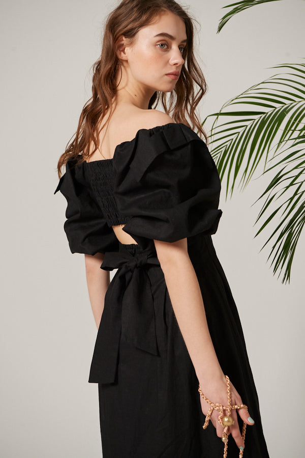 Sweetheart Linen Long Dress<br> -BLK-