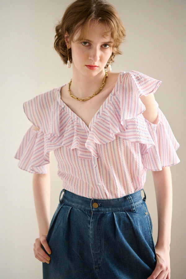 Cold Shoulder Stripe Blouse<br>  -WHT multi st.-