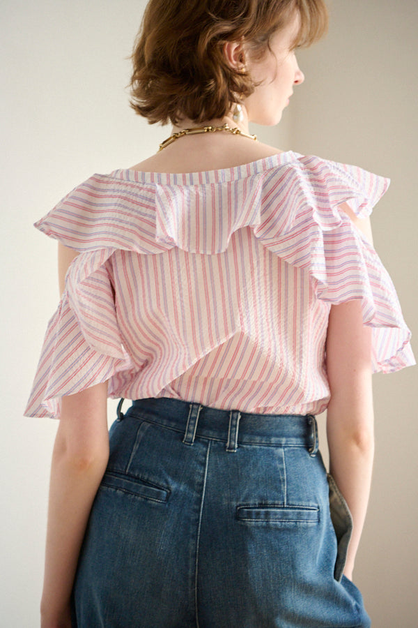 Cold Shoulder Stripe Blouse<br>  -WHT multi st.-