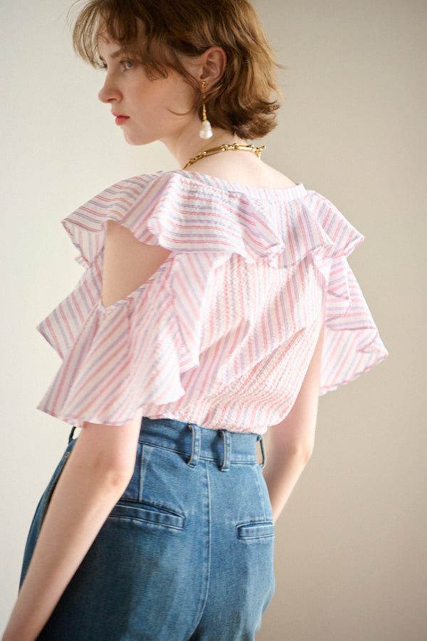 Cold Shoulder Stripe Blouse<br>  -WHT multi st.-