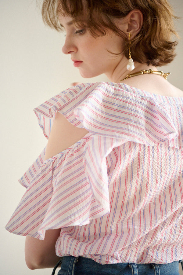 Cold Shoulder Stripe Blouse<br>  -WHT multi st.-