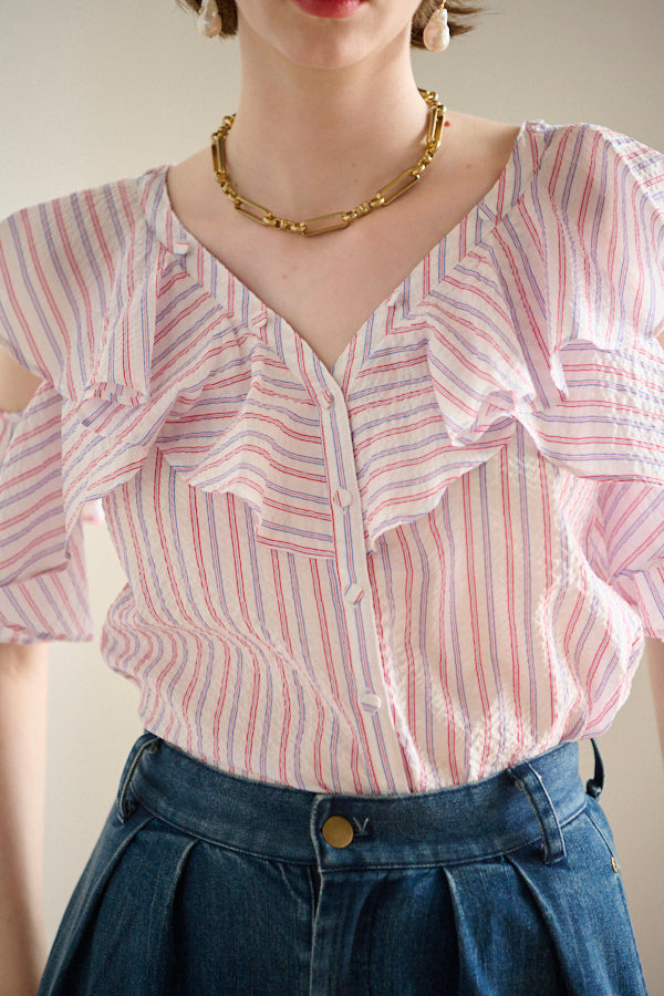 Cold Shoulder Stripe Blouse<br>  -WHT multi st.-